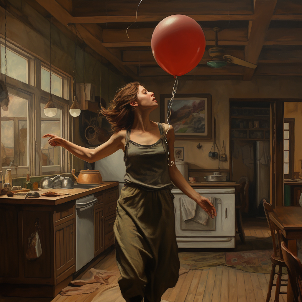 Girl floating in kitchen with balloon