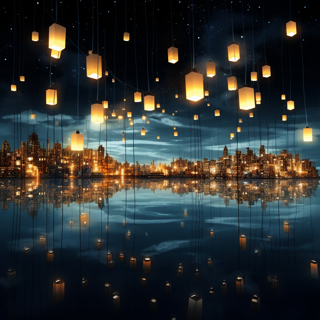 Colorful floating city lights illustration