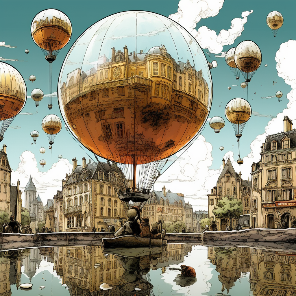 Floating globes in French comic style