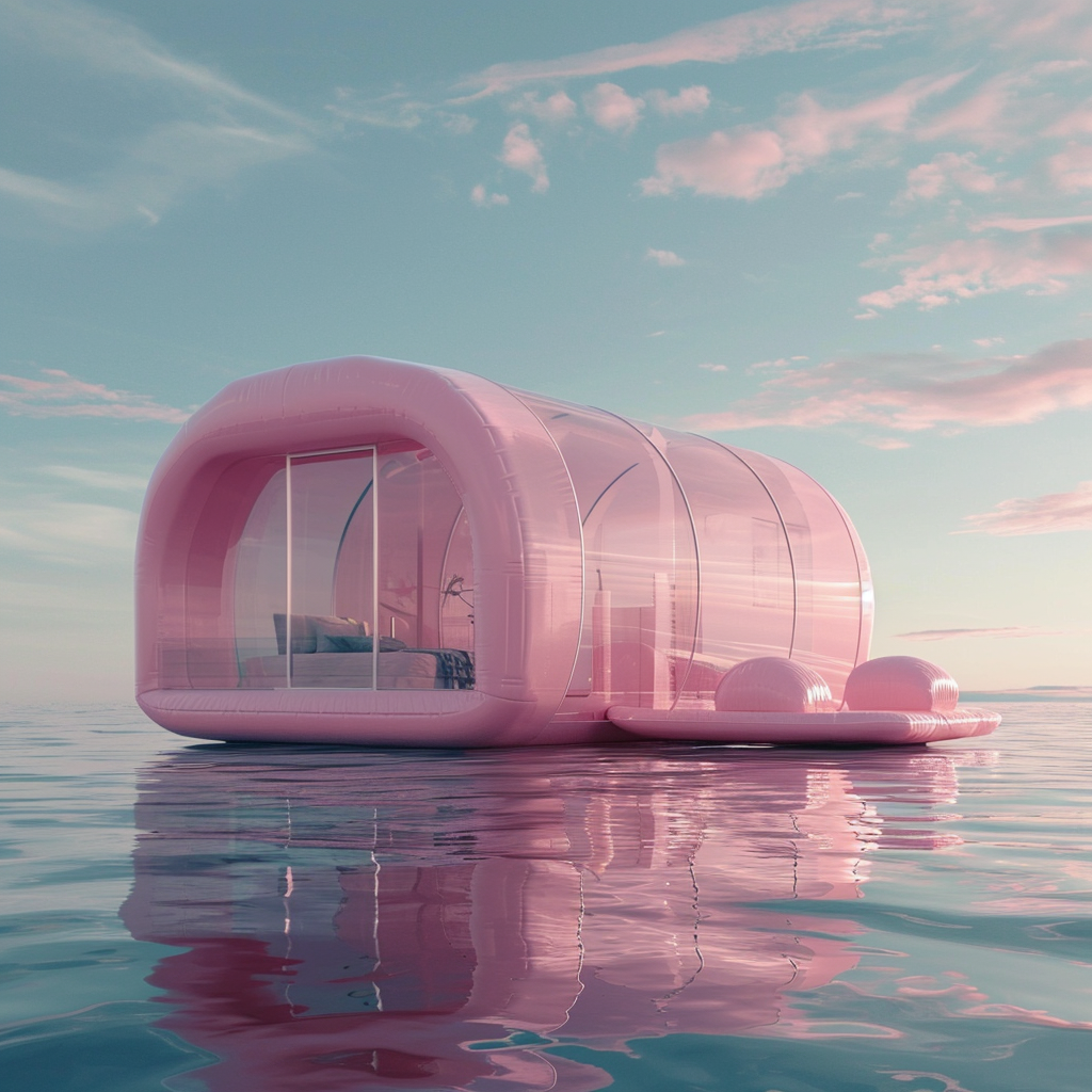 Surreal pink inflatable house floating on water