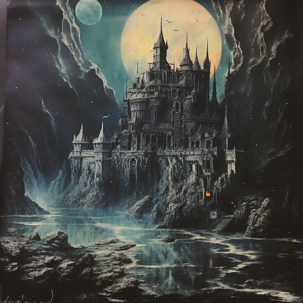 1970s dark fantasy book cover with floating island and castle