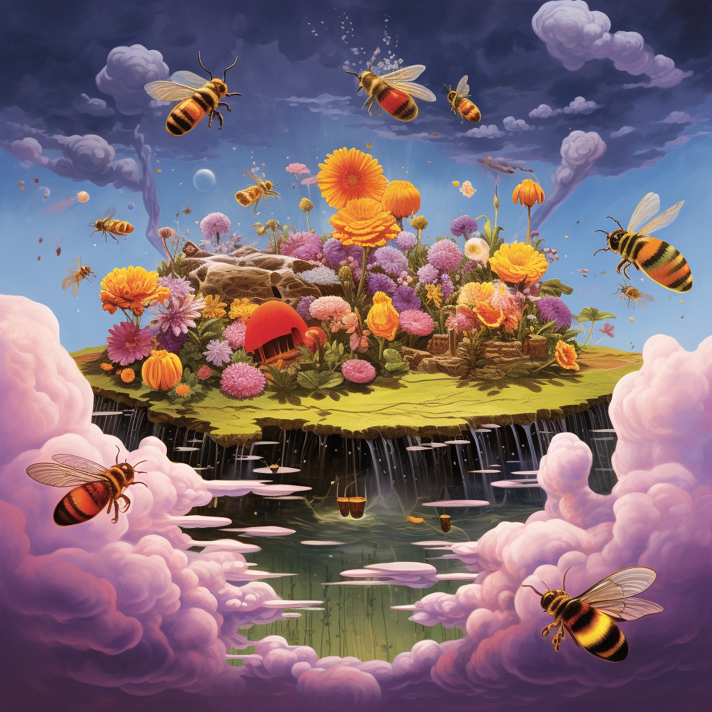 Surreal illustration of floating island with honey and bees