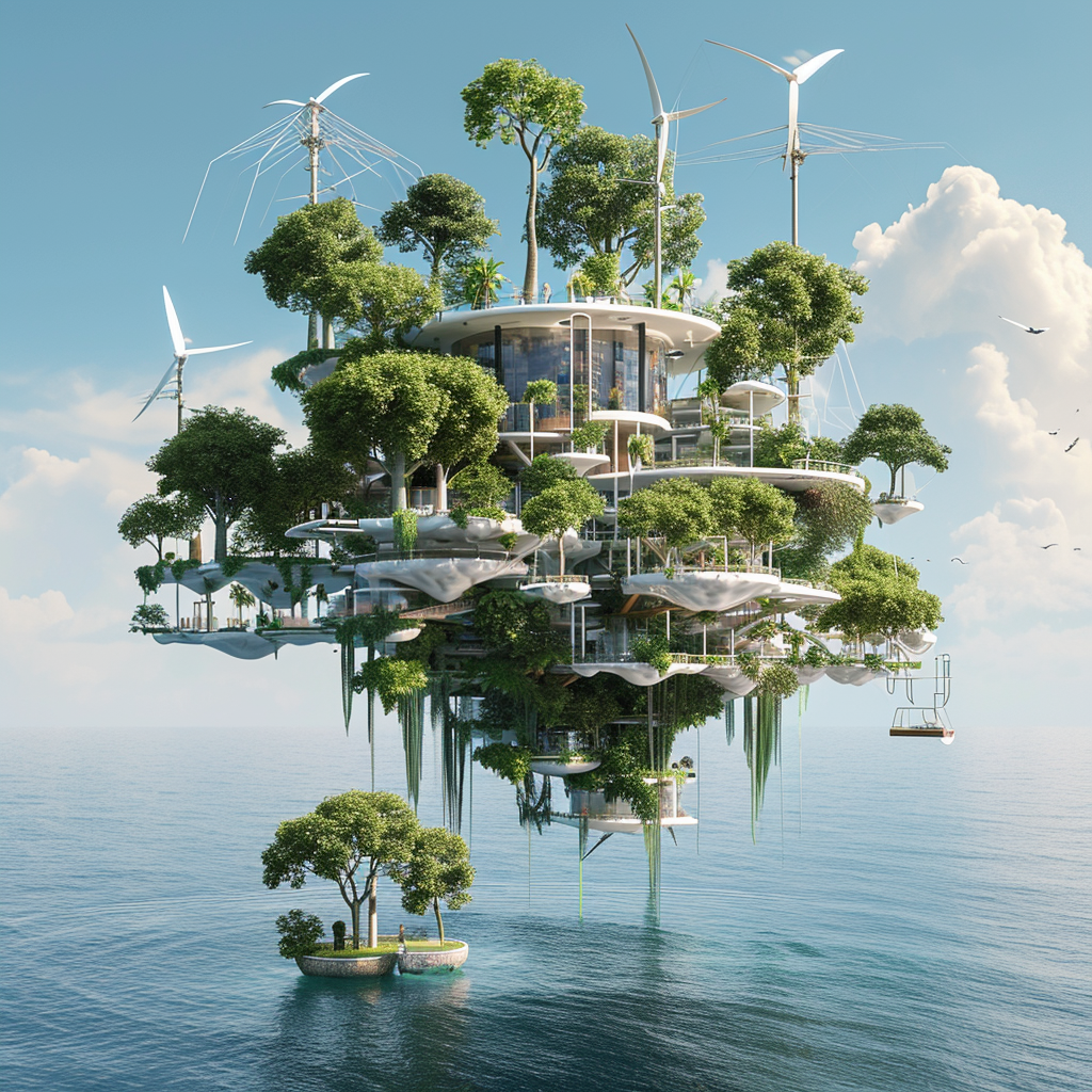 Floating Island with Kites and Wind Turbines