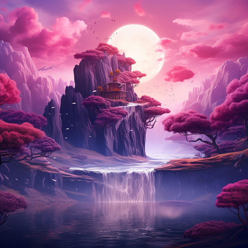 Serene floating island with purple grass, river, waterfall, and pink sky