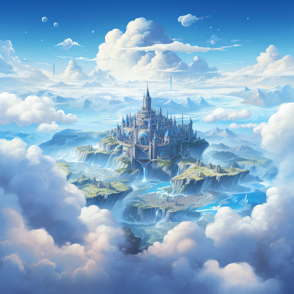 Aerial view of breathtaking floating landmasses with castles and villages