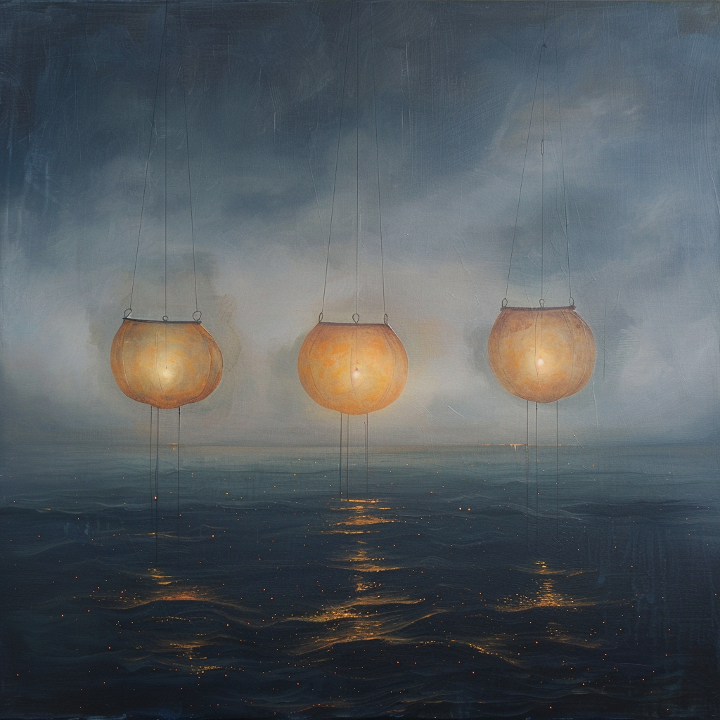 Lanterns floating in night sky