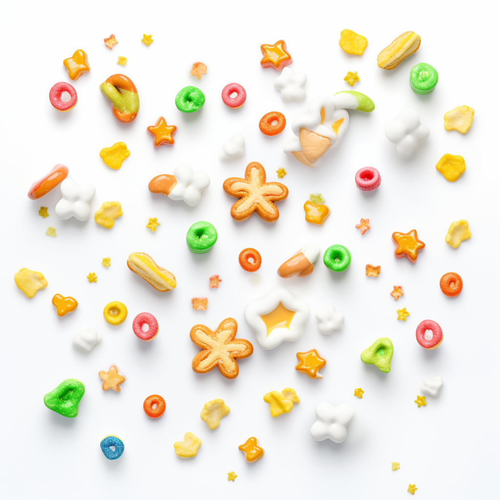 Floating lucky charms on white background