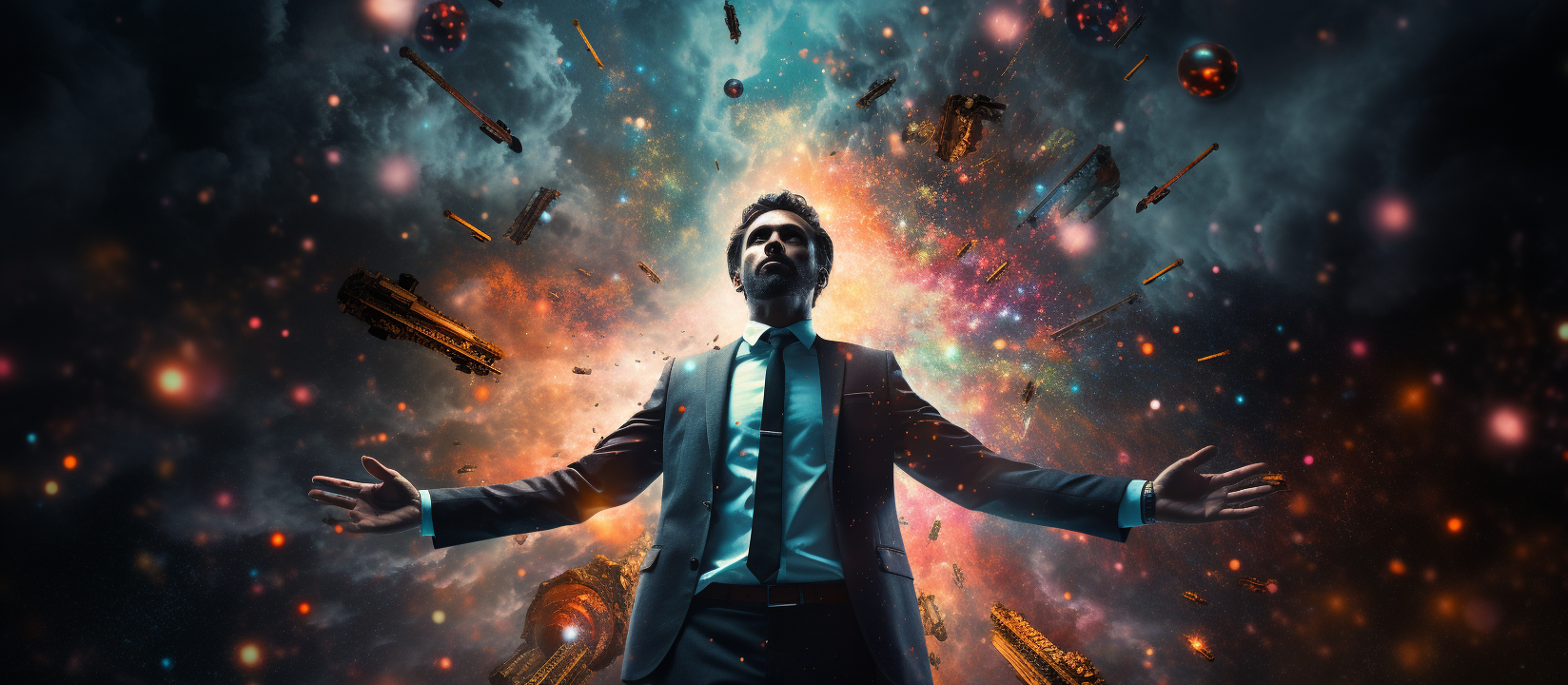 Man in Suit Floating in Space