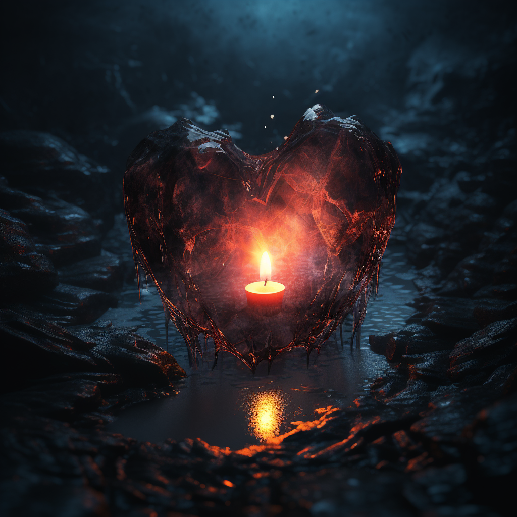 Melting heart-shaped ice near campfire