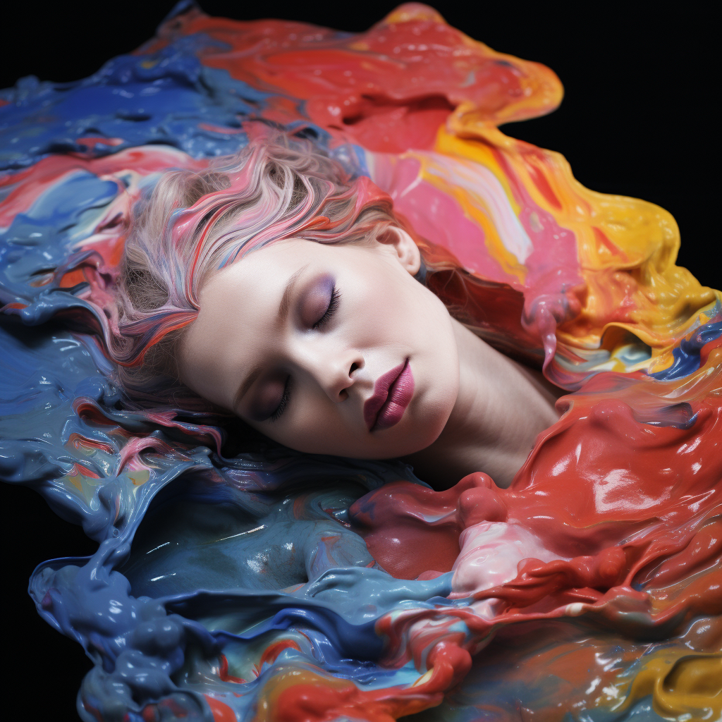 Hyperealistic floating model in colorful paint