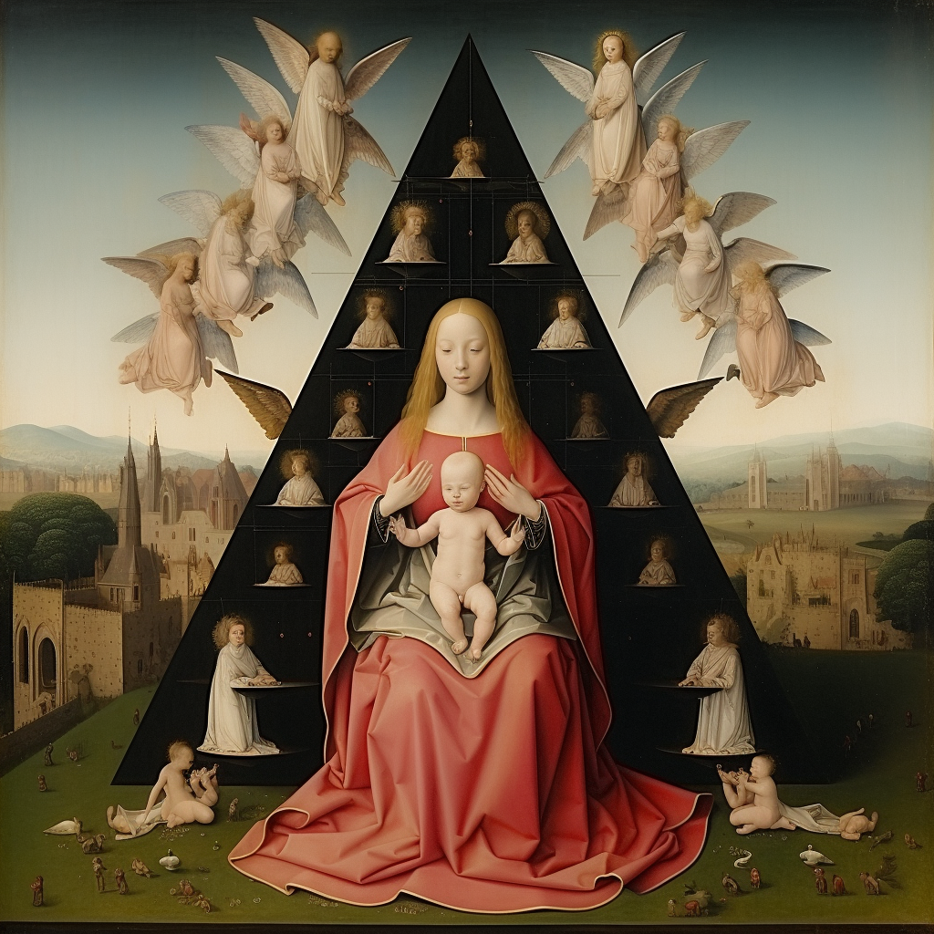 Pyramid floating with Madonna, Child, and Angels