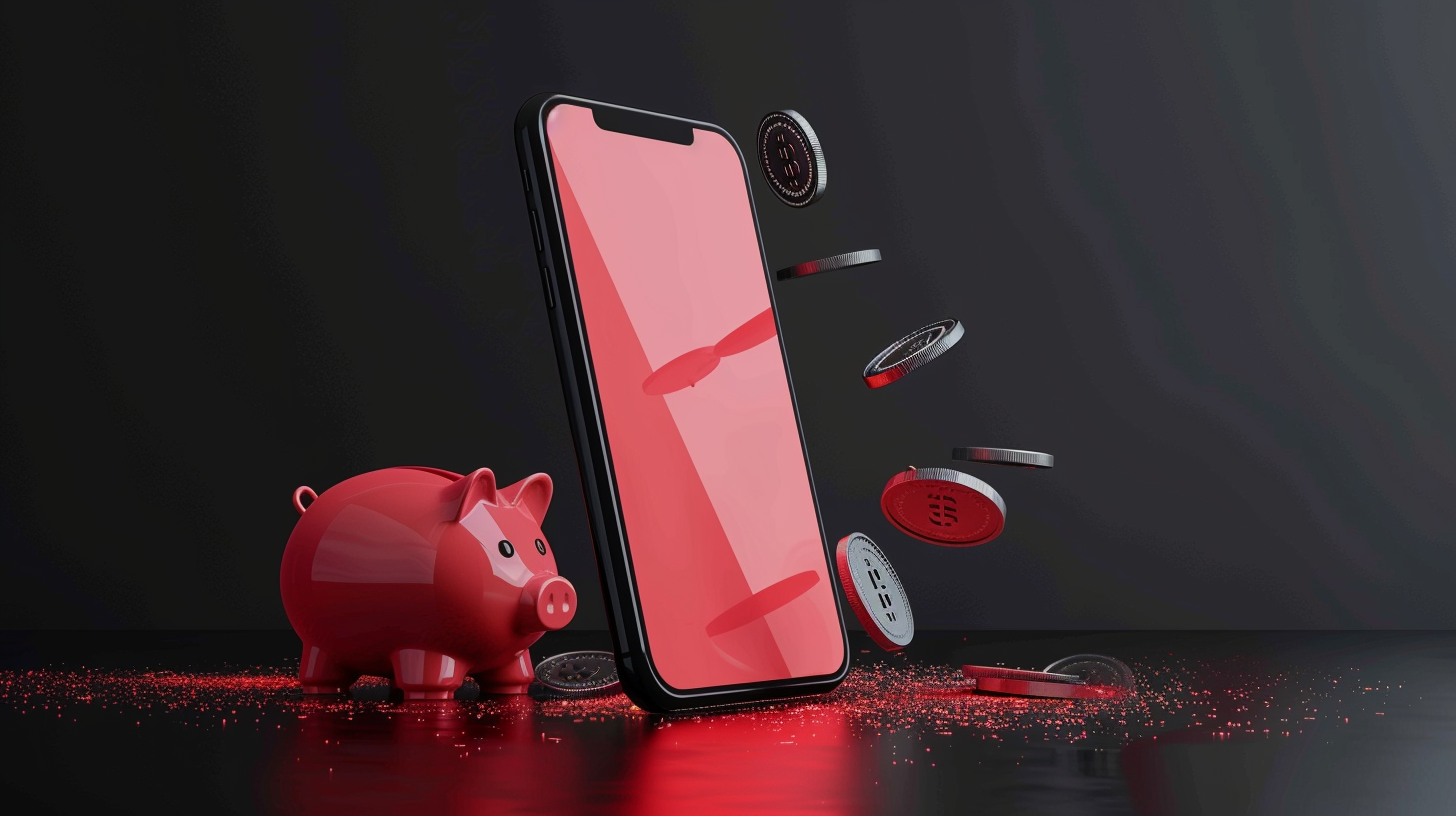 Floating red phone with piggy bank