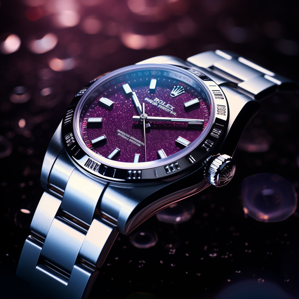 Translucent Rolex floating in air with reflective galaxy background