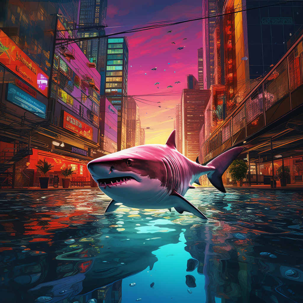 Vibrant floating shark on urban street at midnight