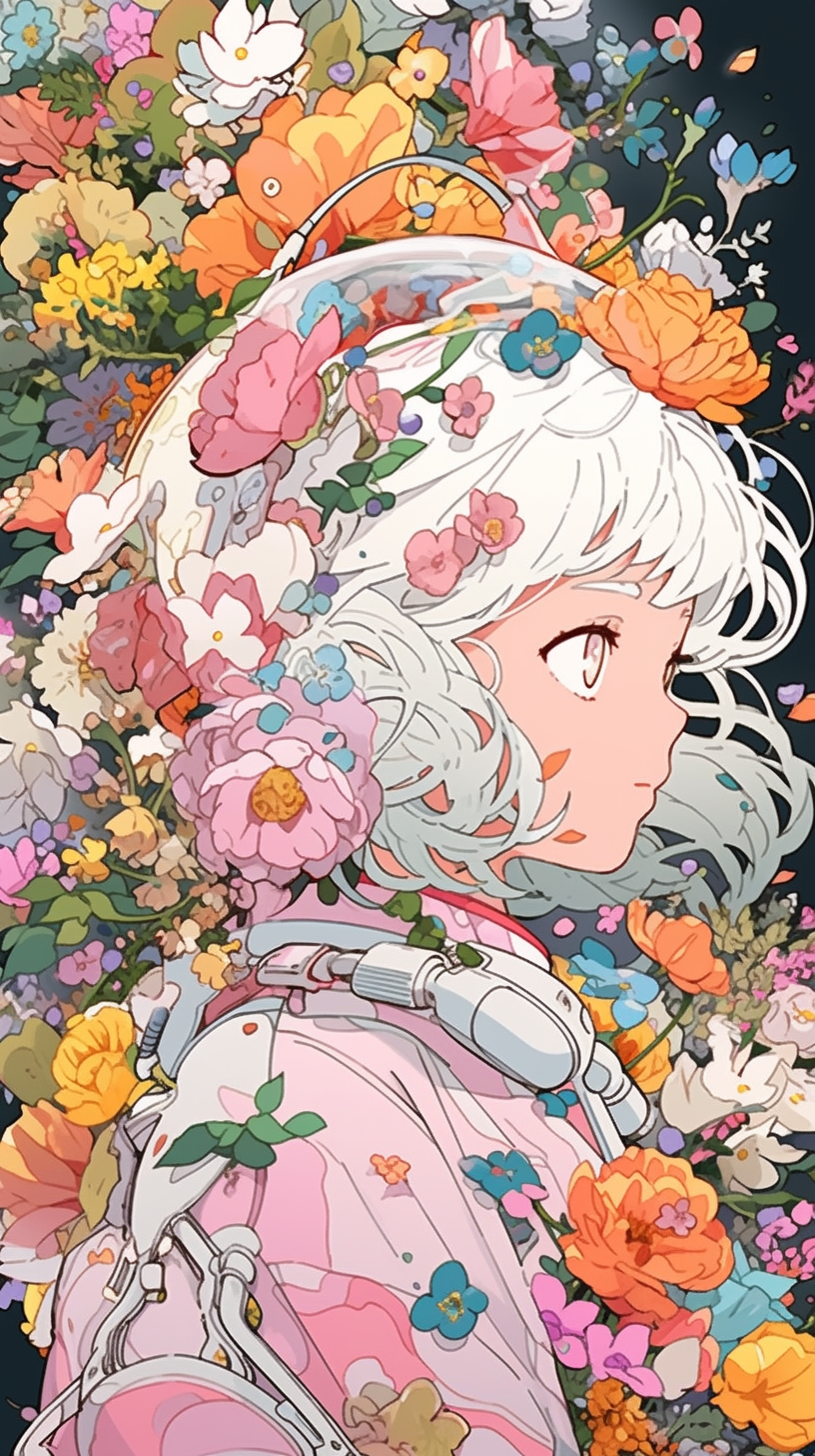 Stunning anime girl in floating space with flowers