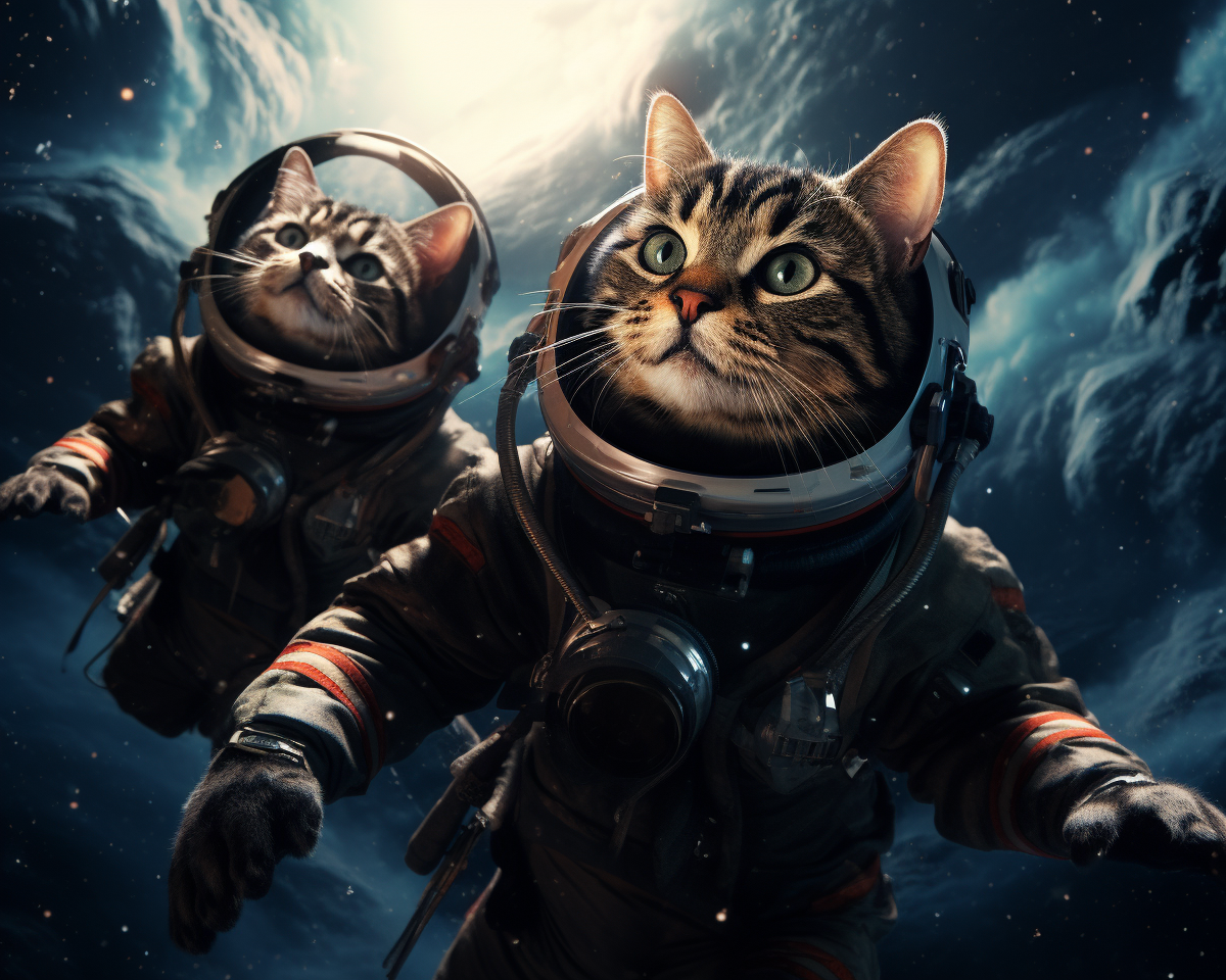 Tabby and Black Cats Floating in Space