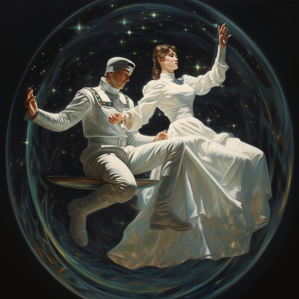 Man and woman floating in space