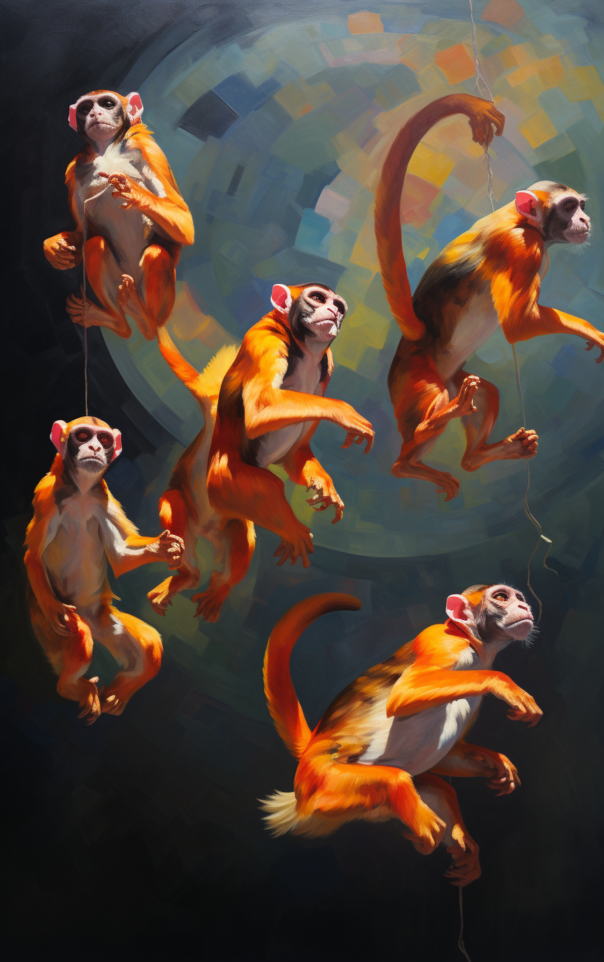 Playful squirrel monkeys floating gracefully with bold colors