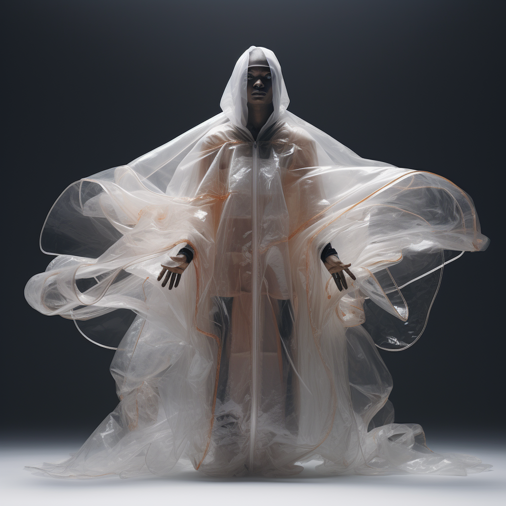 Fashionable floating translucent coat by Raf Simons and Rick Owens