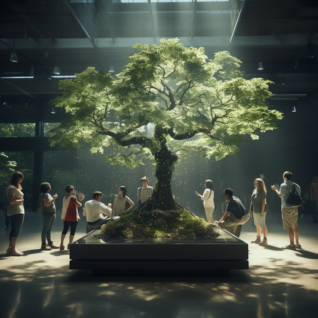 Augmented reality of a floating tree with people