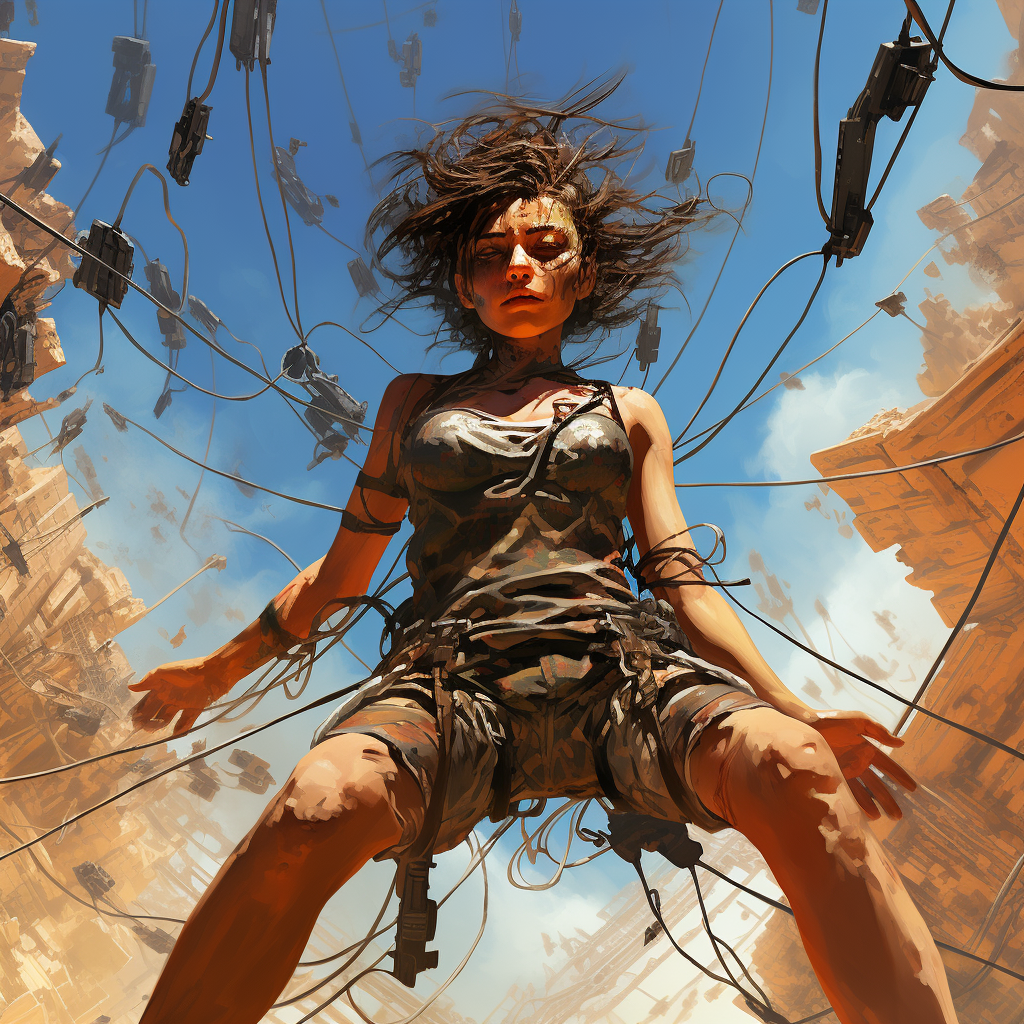 Female floating over dystopian desert with wires