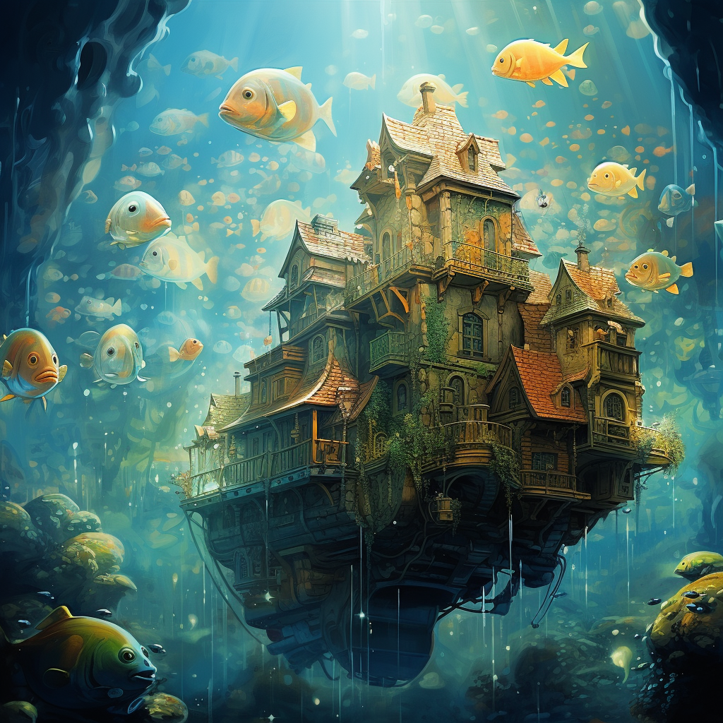 Stunning fantasy-style underwater landscape with fish