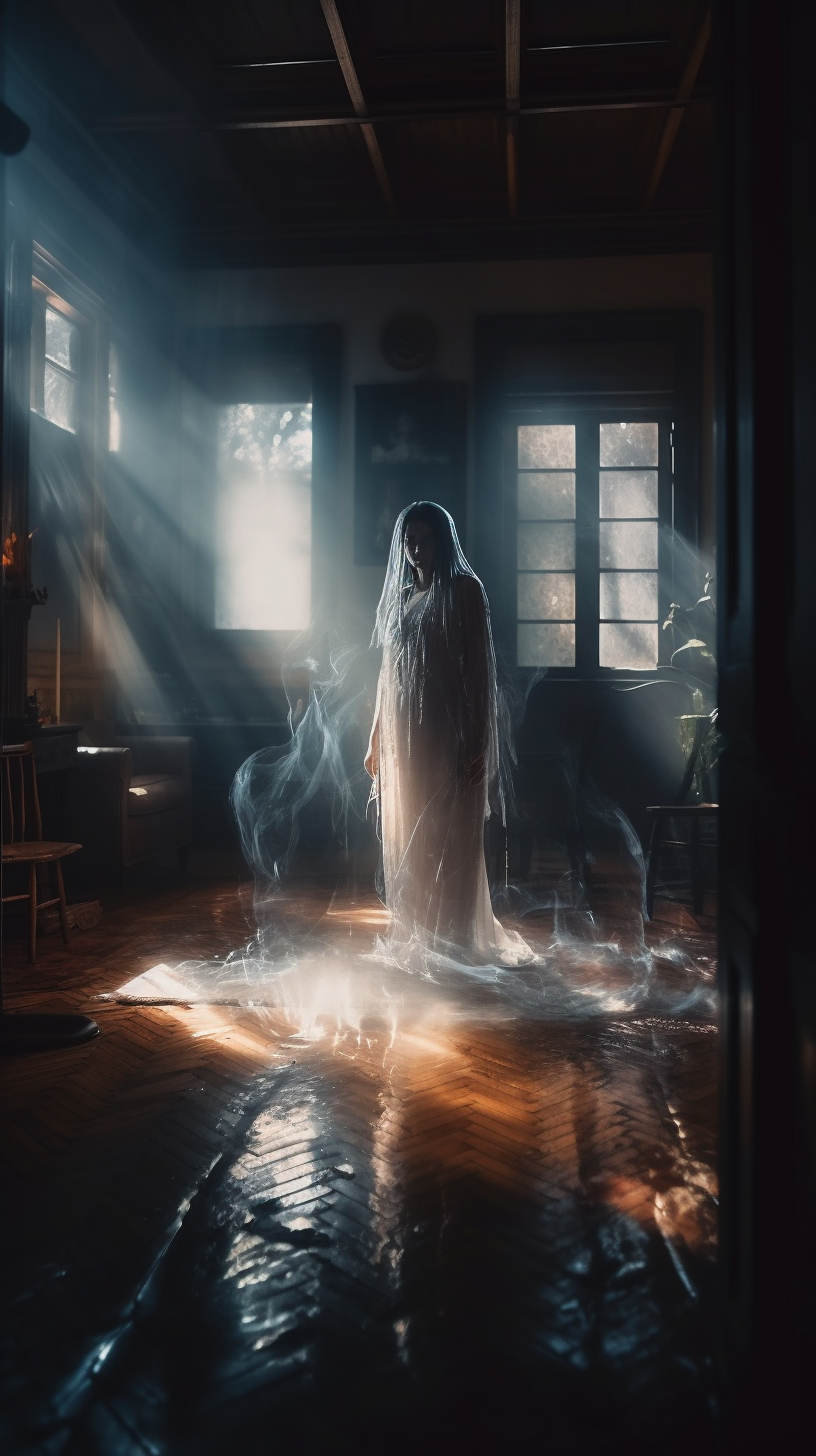 Translucent ghost of a young lady floating in a room