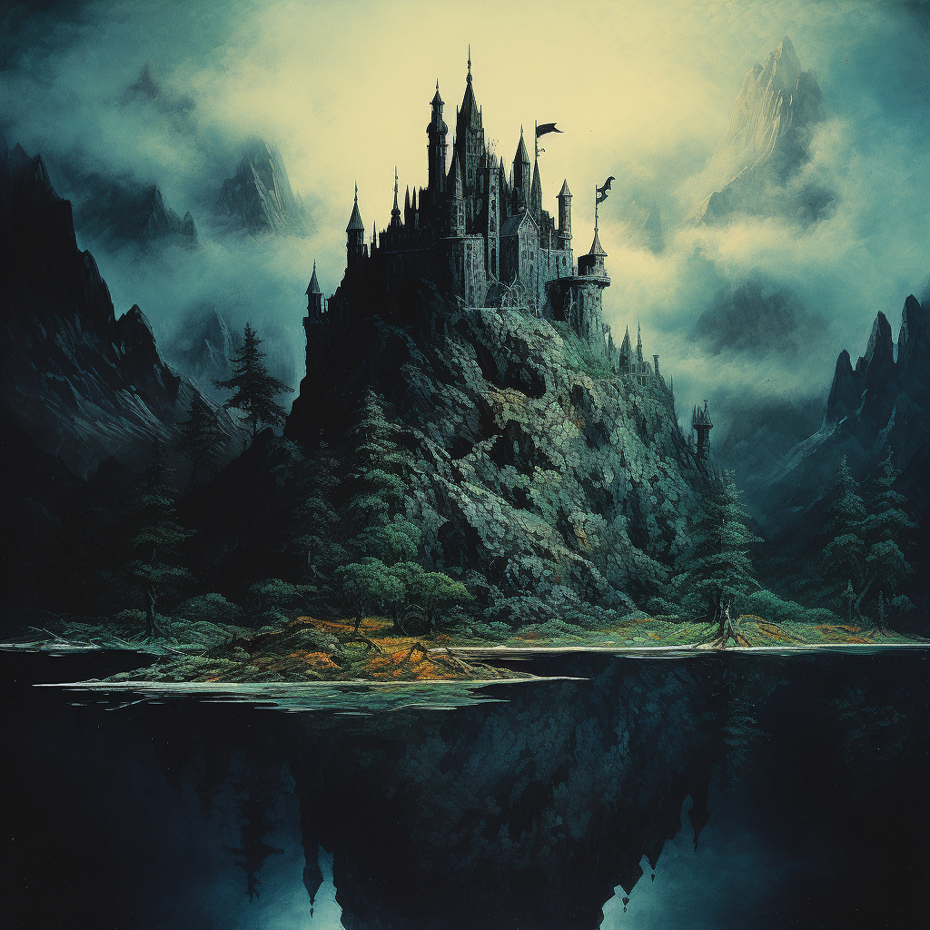 Dark fantasy book cover with floating island