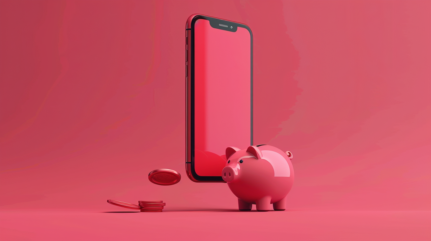 Red phone floating with piggy bank and coins