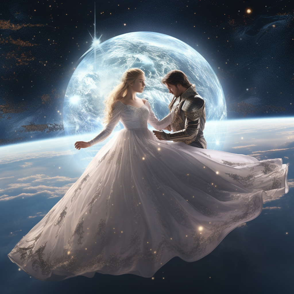 Man and woman floating in space with a glowing light ball