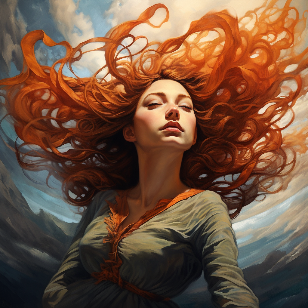 Woman floating in the air with flowing hair