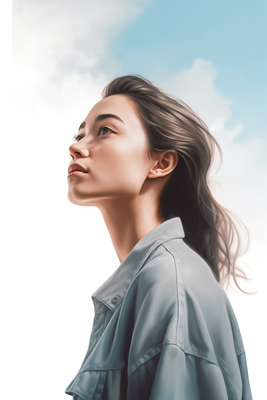 Realistic Woman Floating in Air, Gazing at the Sky