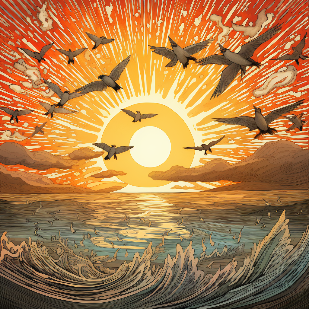 Birds flying at sunrise with quills