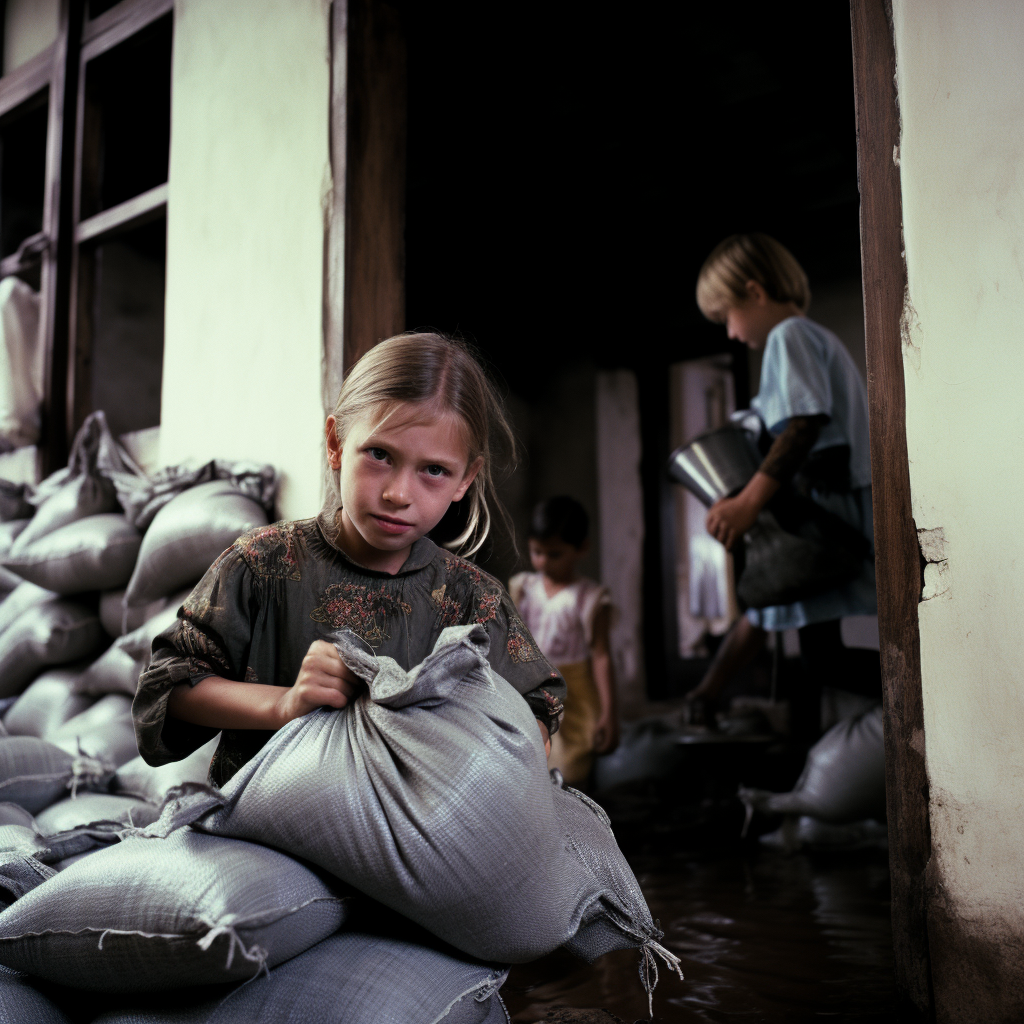 Blond Kids Using Sandbags for Flood Protection