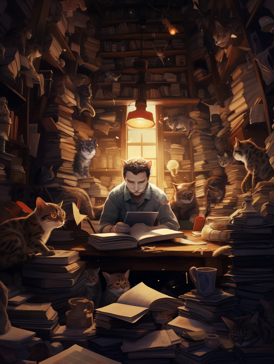 Person surrounded by books and cats