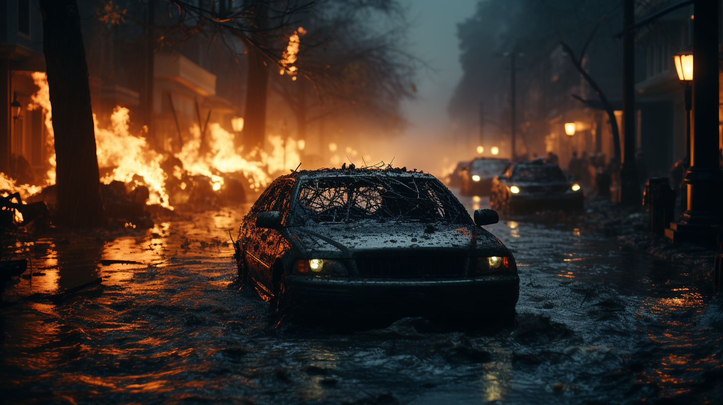 Image of a flooded city with destroyed houses and overturned cars