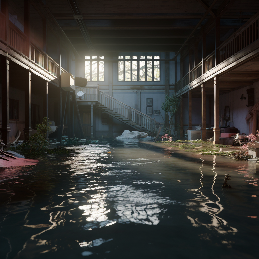 Flooded life-size house with artificial lighting