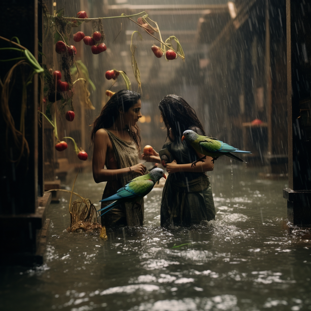 Women Saving Parakeets in Flood