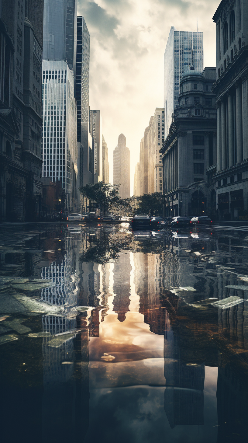 Image of flooded city floor with reflections