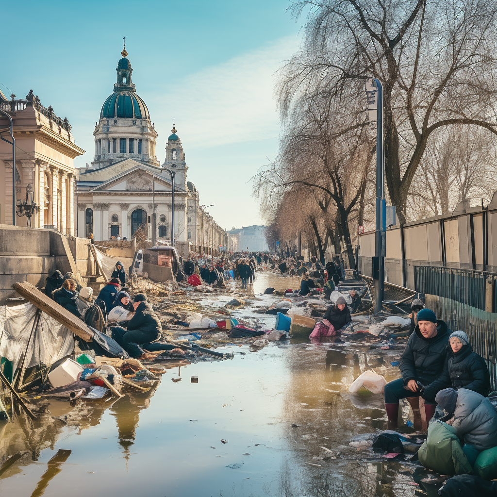 Flooded quay in Budapest Winter