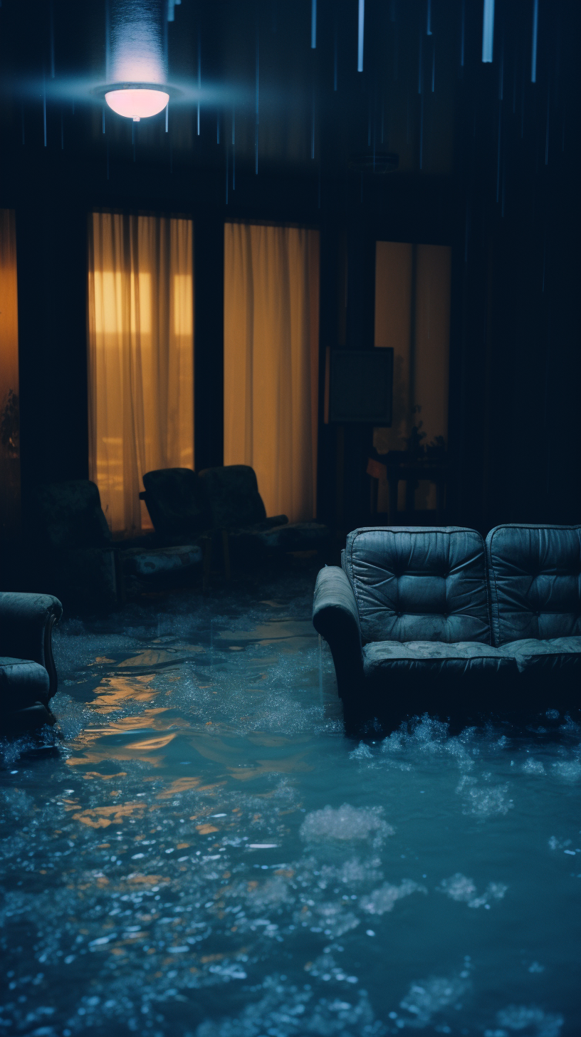 Water overflowing into retro room with sinking furniture