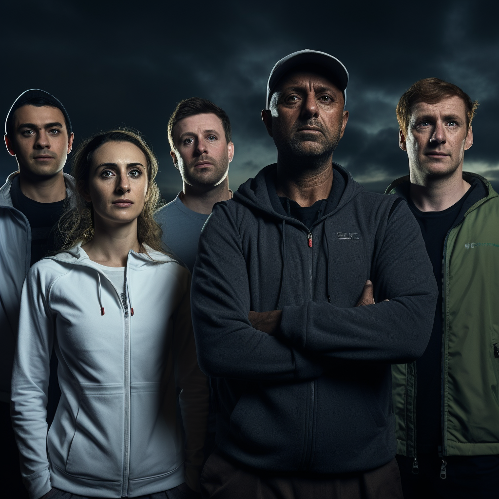 People standing on floodlit golf course