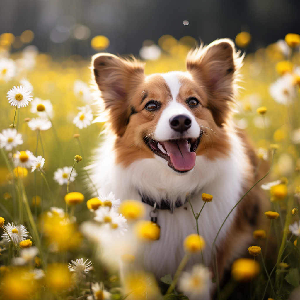 Adorable floppy ear corgi in dandelion-filled field