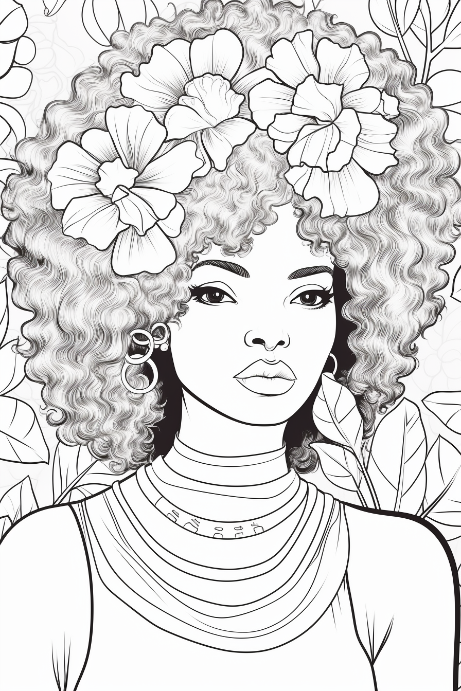 Coloring Page of African American Girl with Floral Background