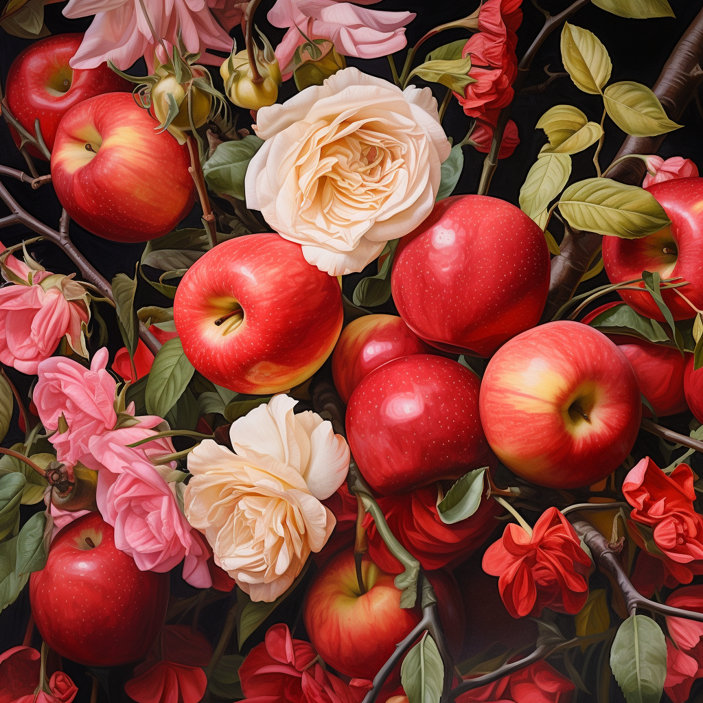 Super Close-up Floral and Apple Dutch Painting