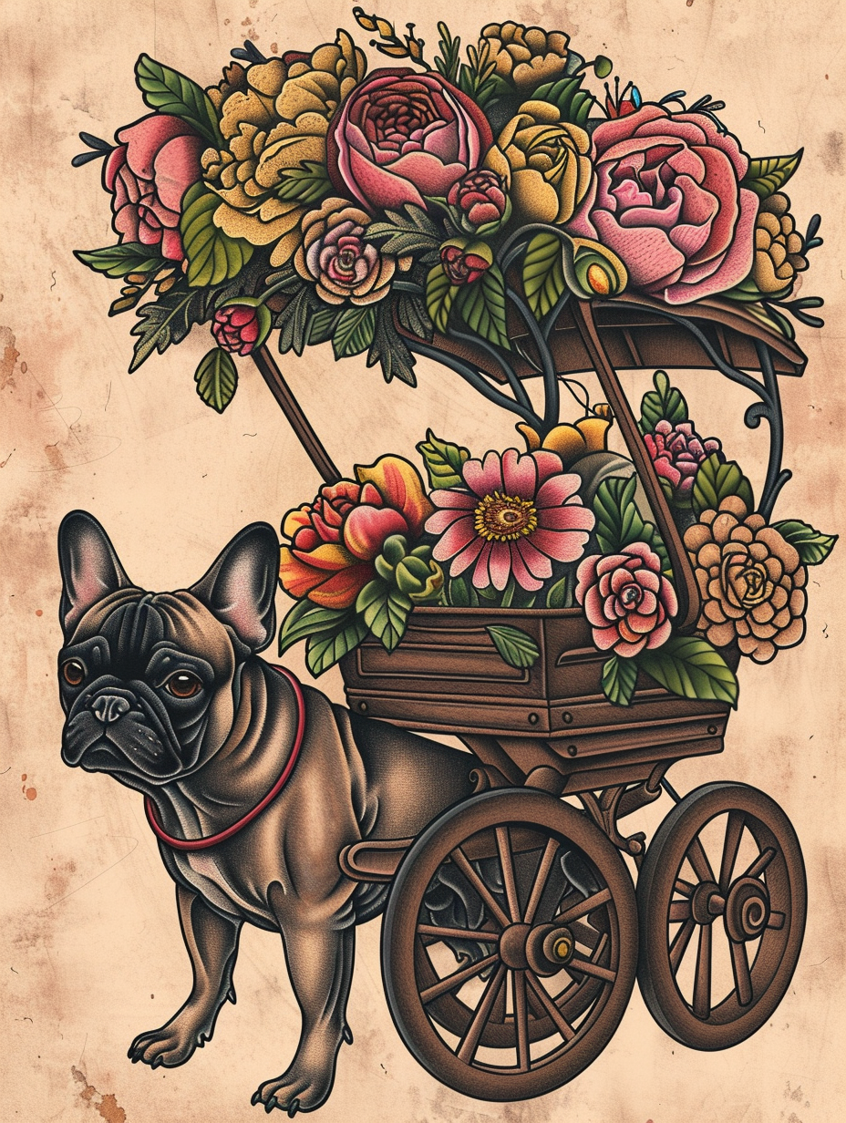 Traditional Parisian Floral Cart Bulldog