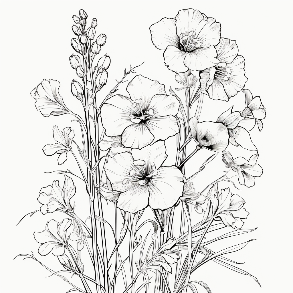 Coloring page of delphinium and cosmos flowers