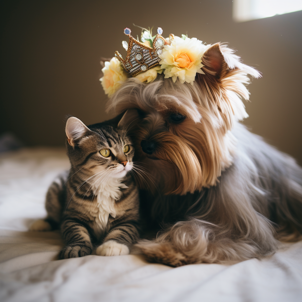 Cute Yorkshire Terrier and Persian Kitten With Flower Crowns