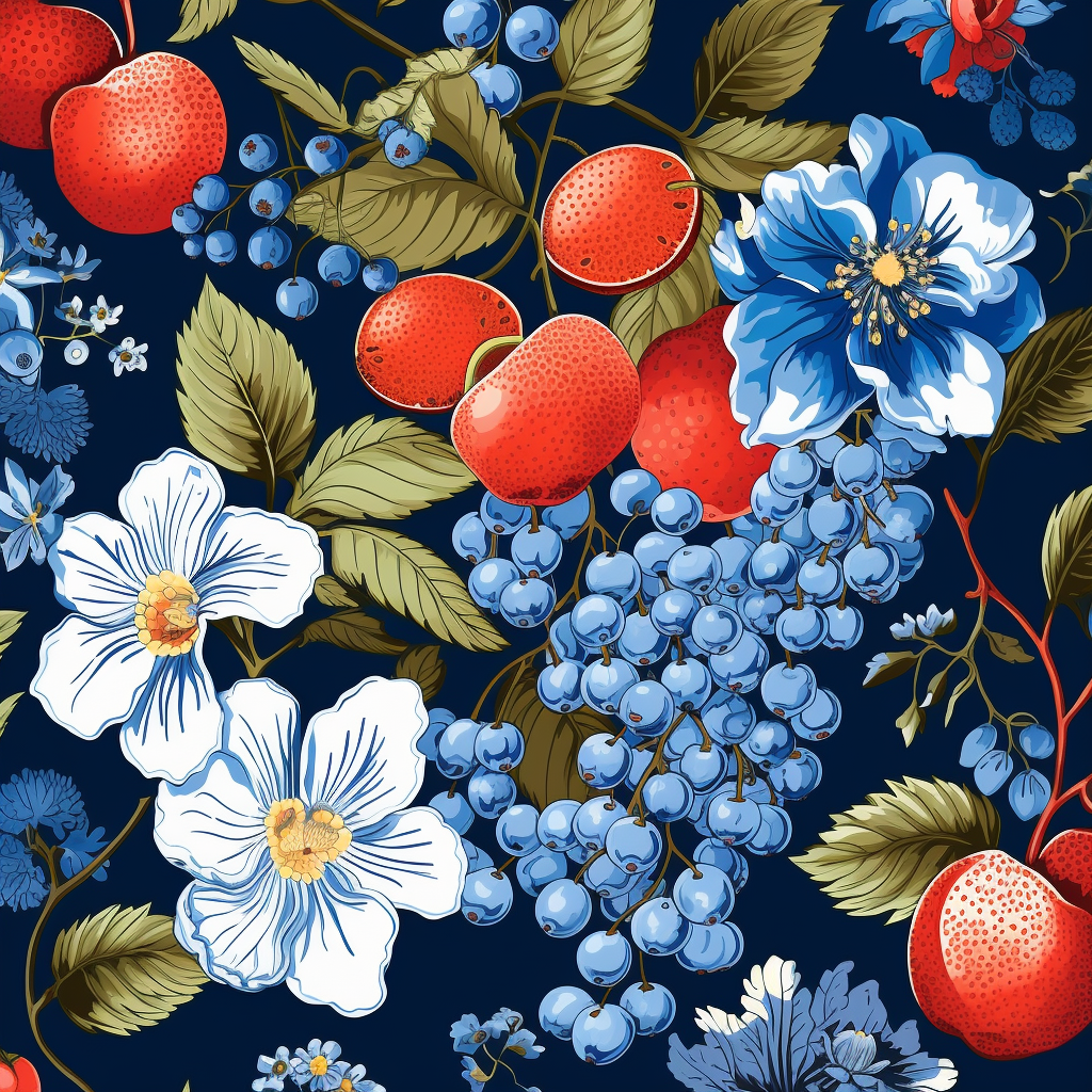 Seamless Blue Floral and Fruit Pattern