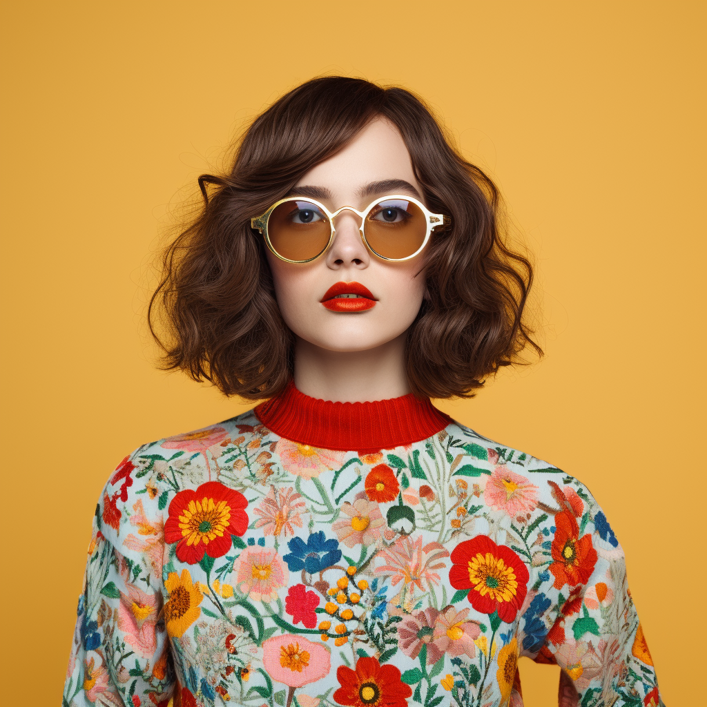 Woman in stylish floral glasses and matching jumper